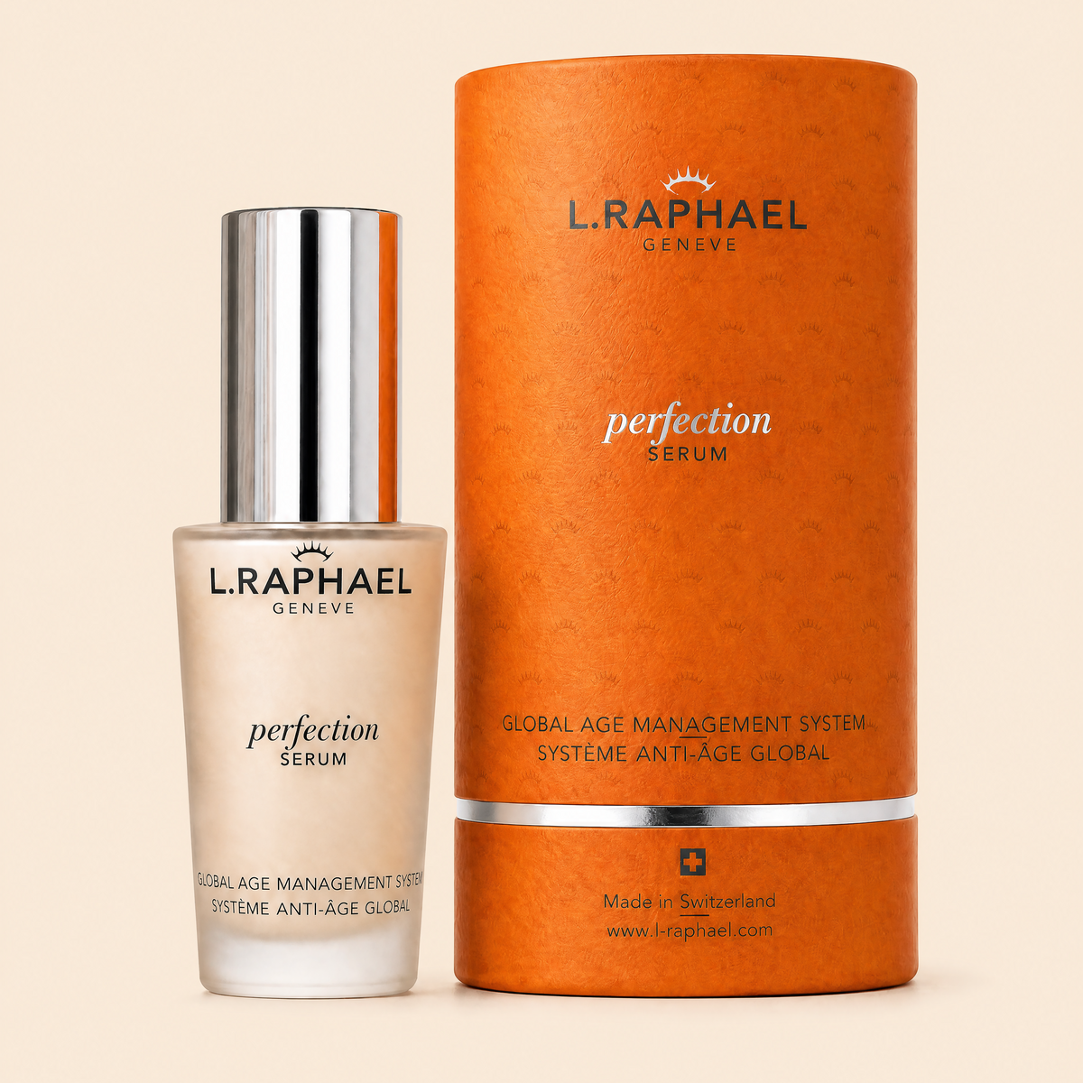 L. RAPHAEL Geneva Perfection Serum bottle with a silver cap next to its textured orange cylindrical packaging box, set against a solid light beige background.