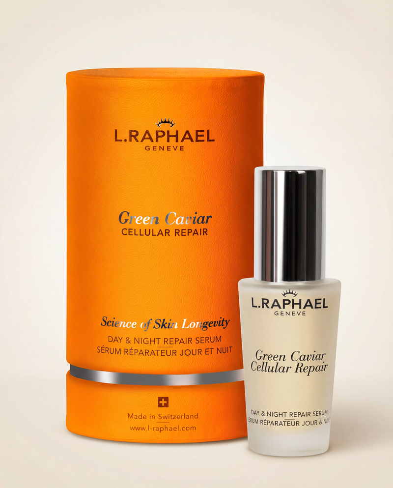 L.RAPHAEL Green Caviar cellular repair serum with packaging on a beige background