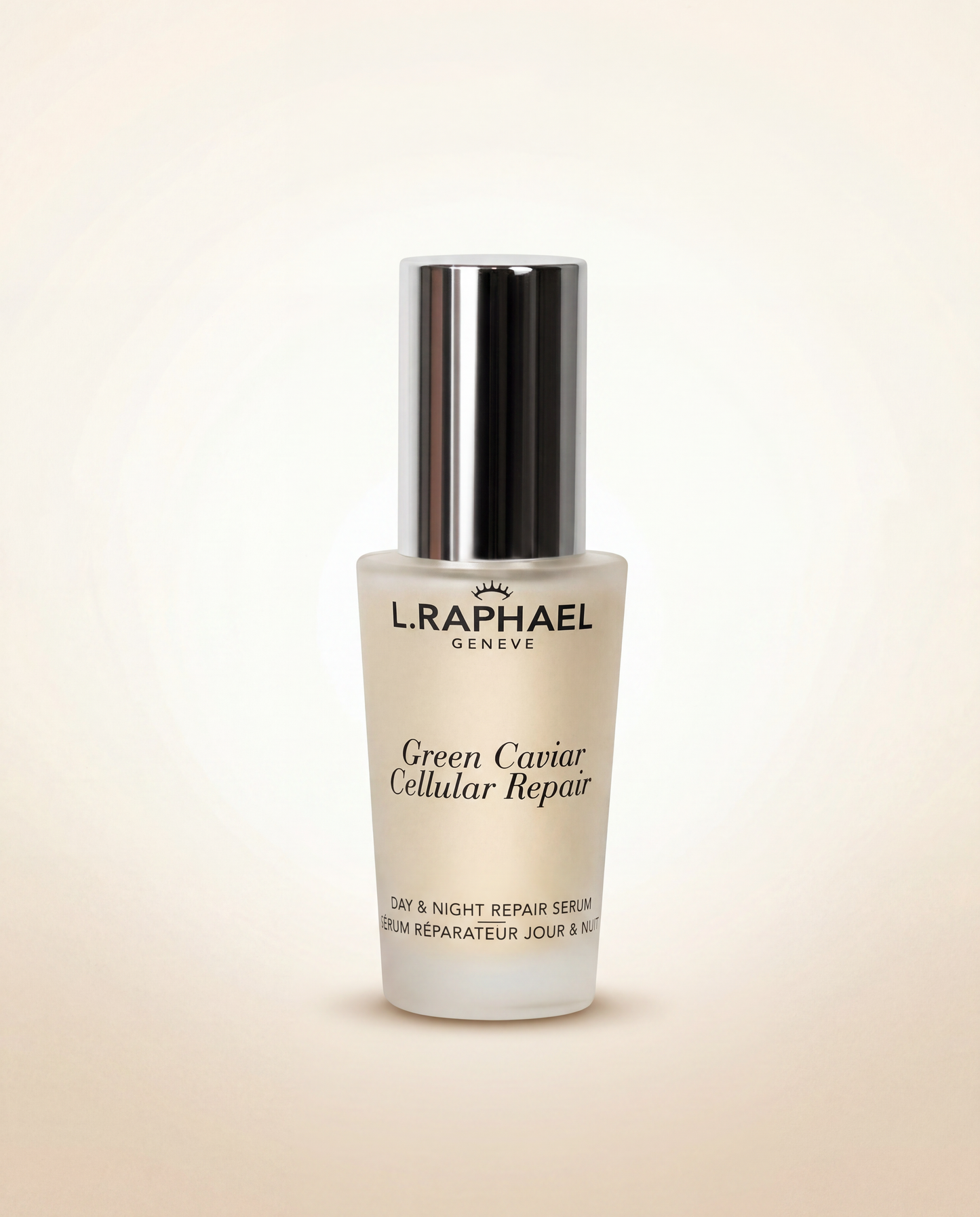 L.RAPHAEL Green Caviar Cellular Repair serum bottle on a beige background