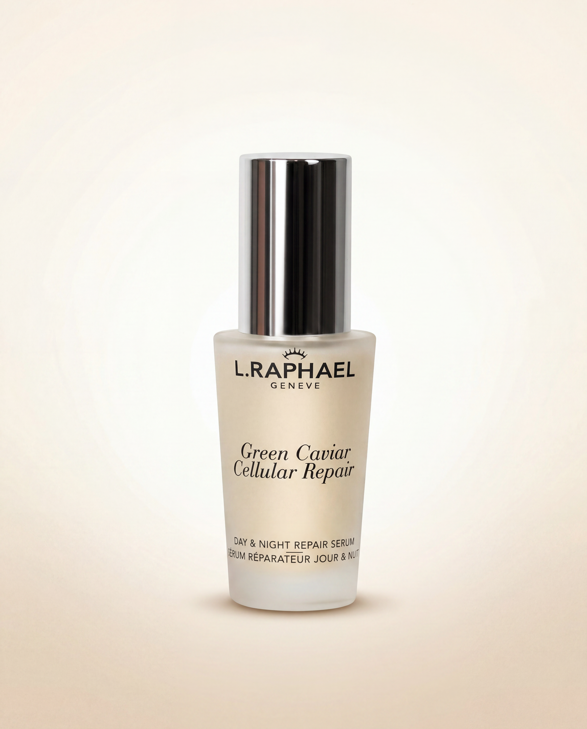 L.RAPHAEL Green Caviar Cellular Repair serum bottle on a beige background