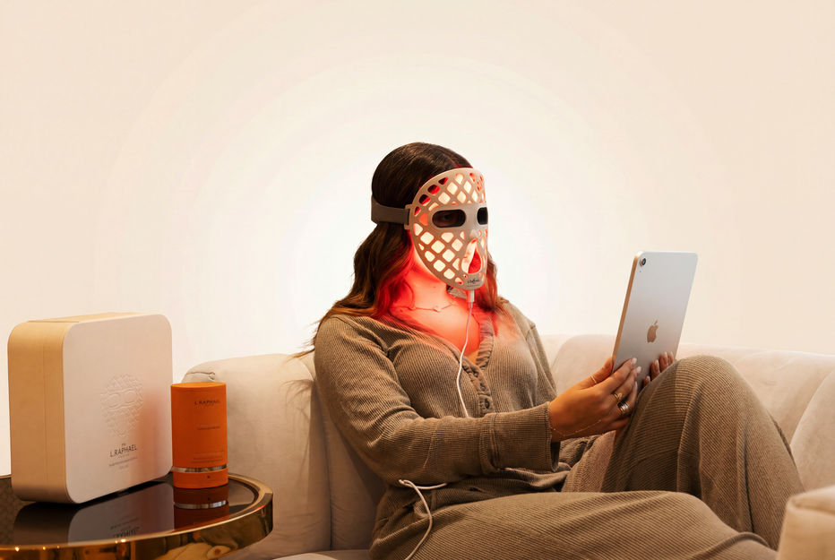 A woman sits on a beige sofa wearing a red light therapy mask that glows orange-red, while holding a tablet. A white and orange device sits on a side table to her left.