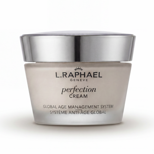 L.Raphael perfection cream jar with silver lid on a white background