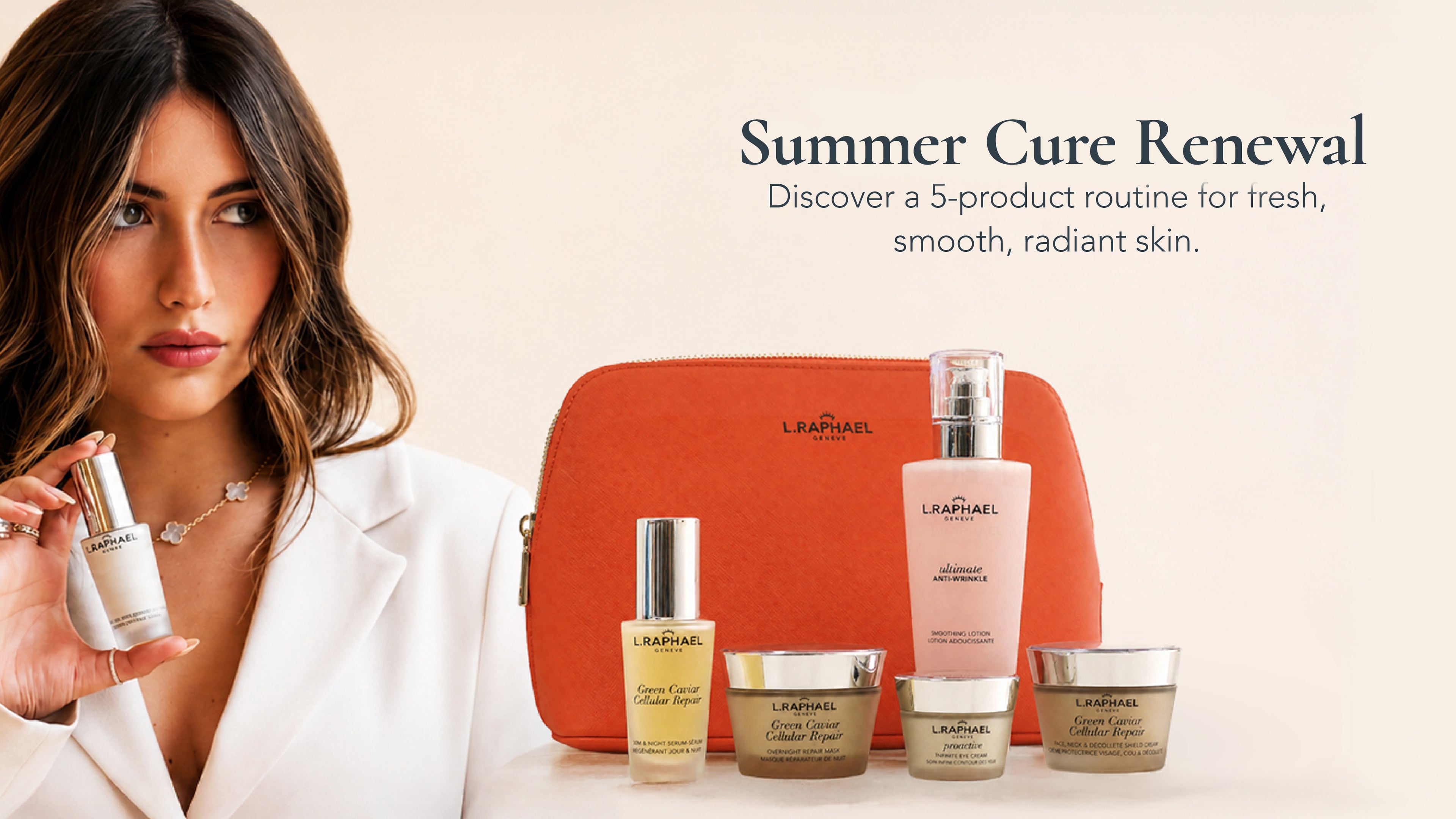 A woman in a white blazer holds a skincare bottle beside a set of L'APRÉL summer skincare products and an orange zip case on a light beige background, with the text 'Summer Cure Renewal' and a 5-product routine description.