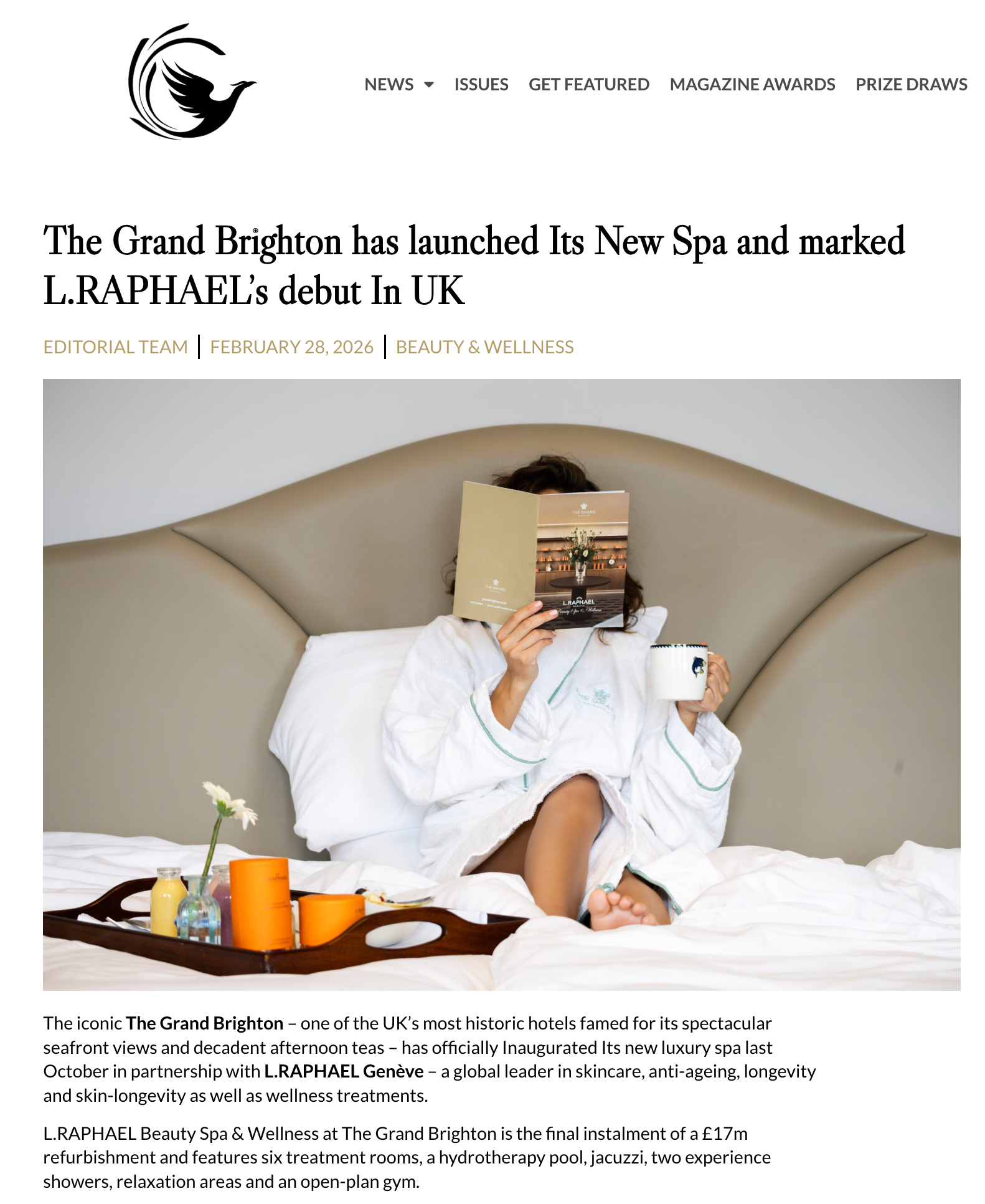 Newspaper article about The Grand Brighton's new spa and L.Raphael's debut in the UK.