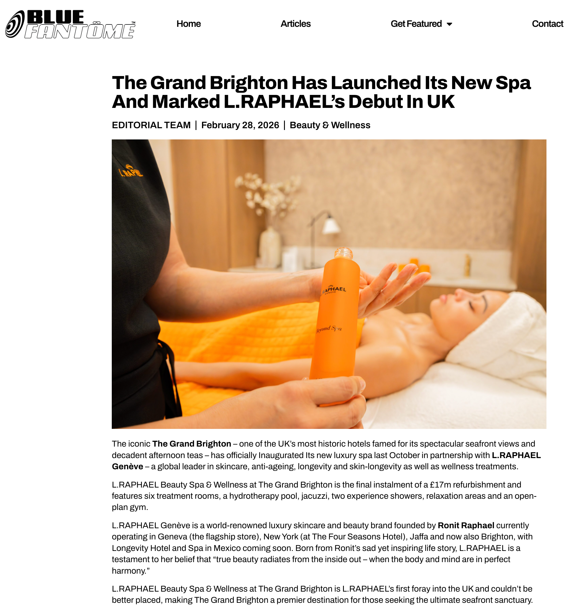 BLue Fantome - New spa launch at The Grand Brighton with L. RAPHAEL branding