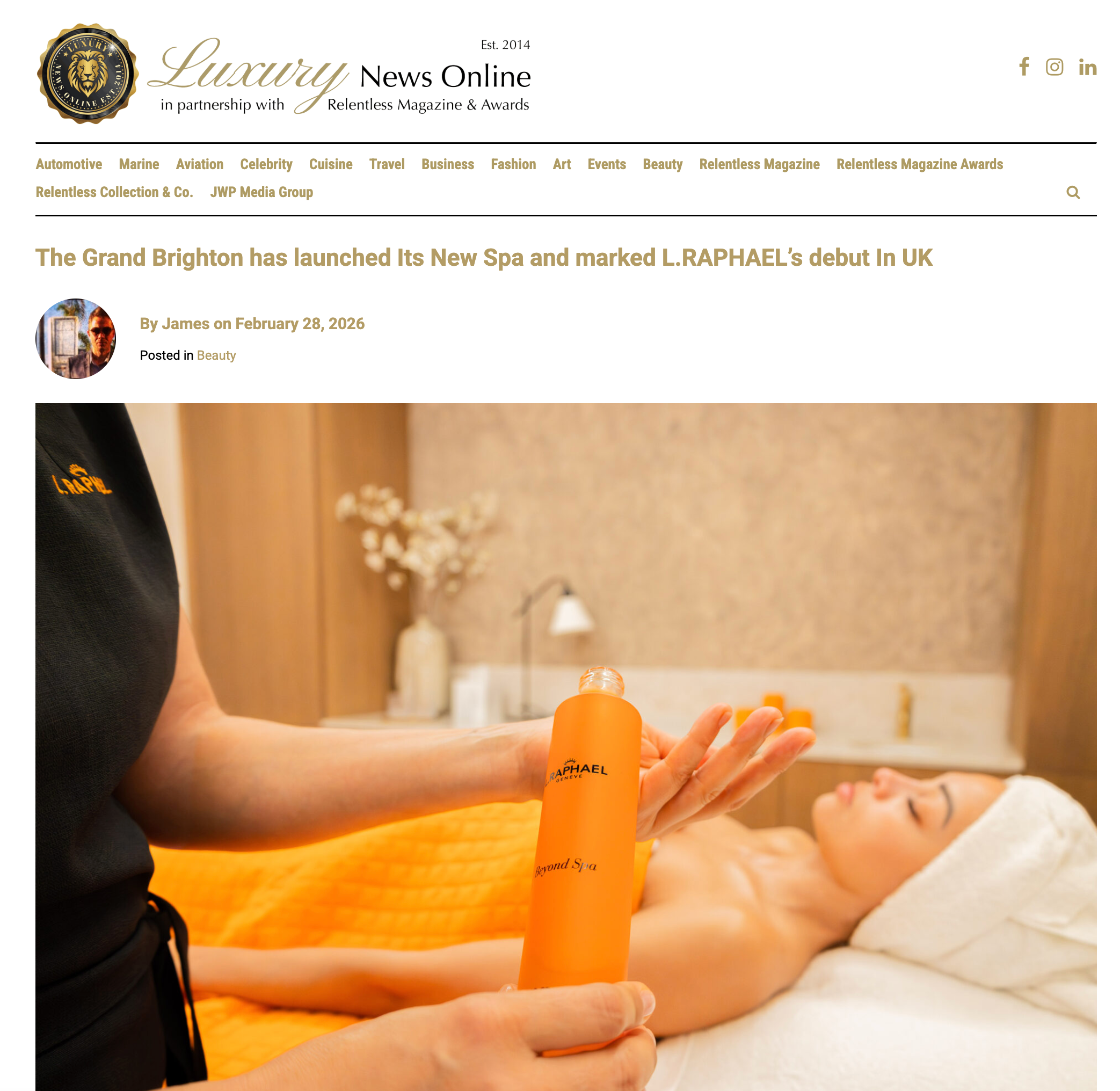 Luxury News Online - Person receiving a massage with L. Raphael product at The Grand Brighton spa.