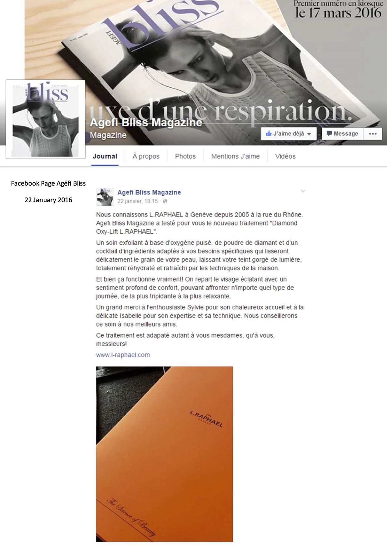 Facebook Agefi Bliss - Janvier 2016