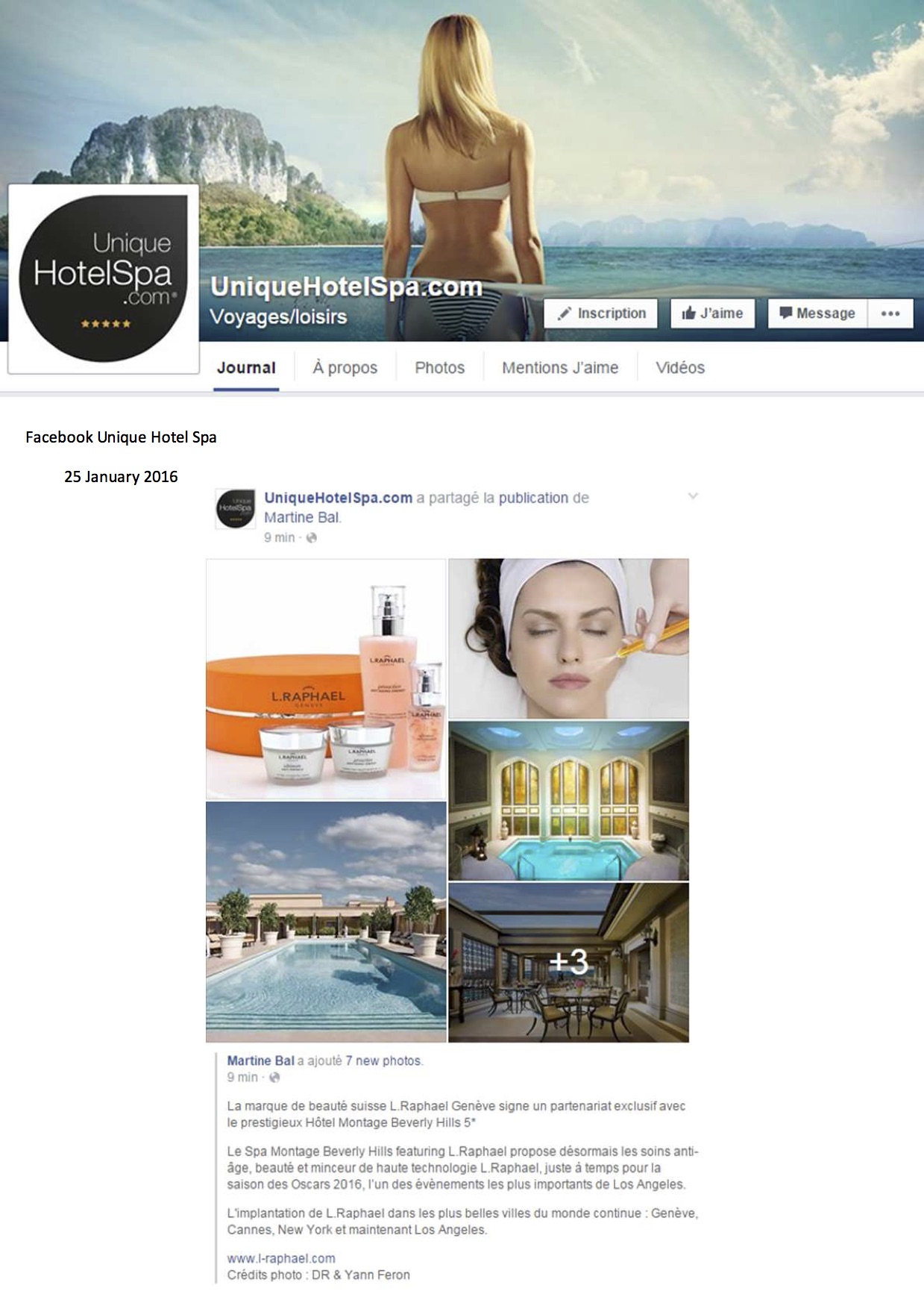 Facebook Unique Hotel Spa - Janvier 2016